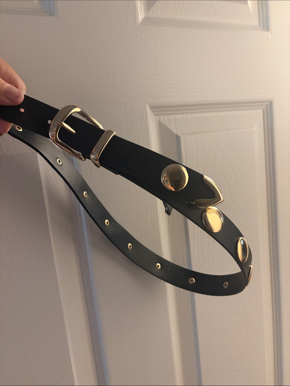 Black Leather Belt with Gold Studs and Buckle
